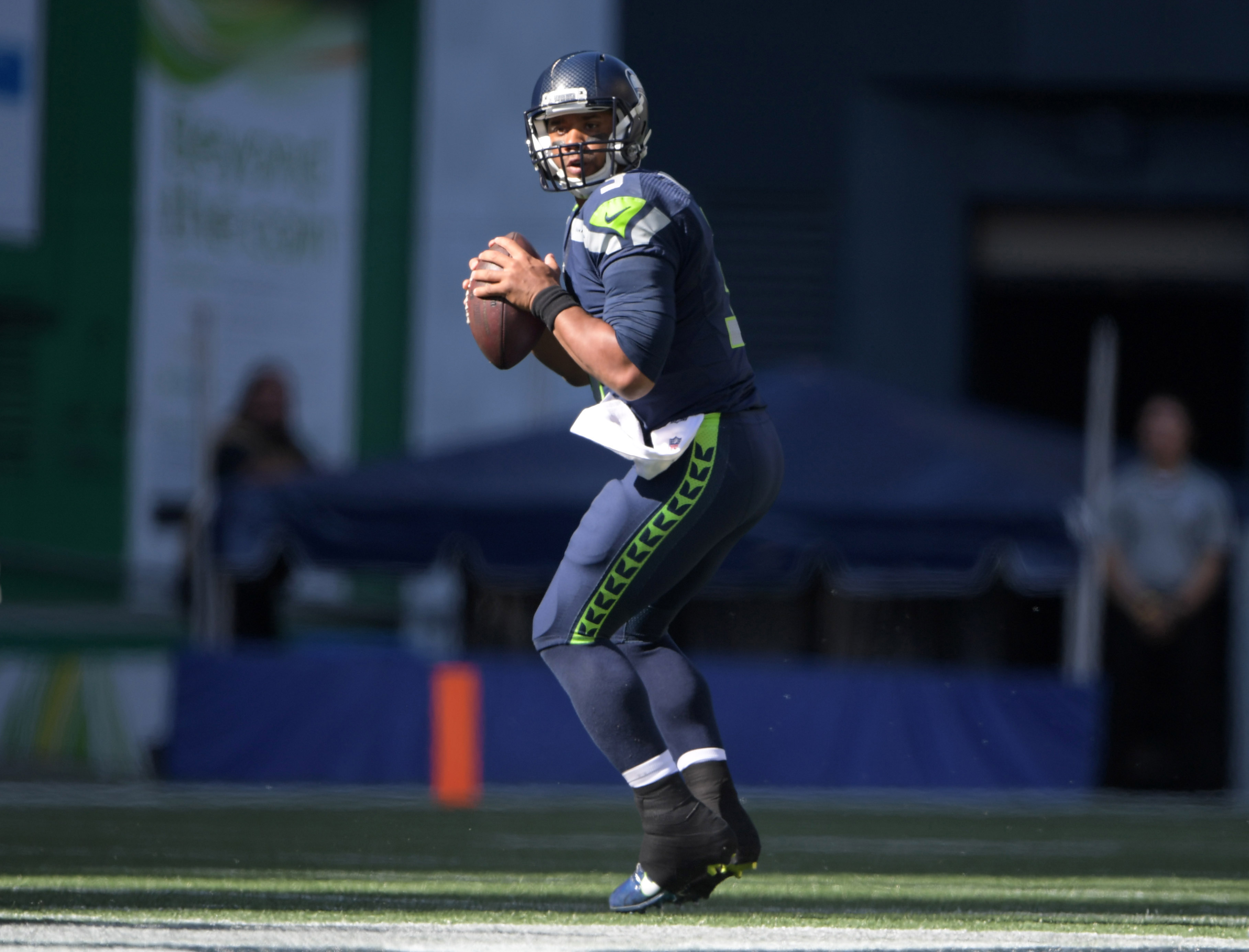 Seattle Seahawks quarterback Russell Wilson (3) looks to pass